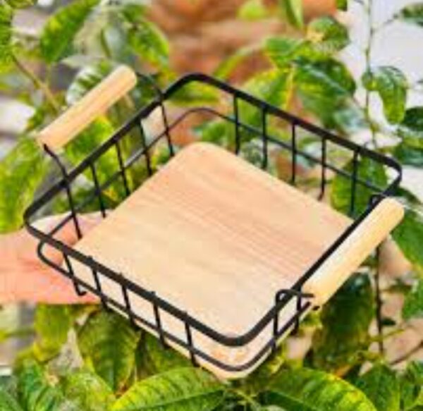 Touchwood Small Square Fruit Basket, Metal, With Wooden Base Design With Handle, Code 123004.