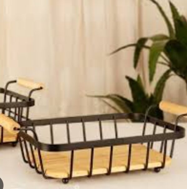 Touchwood Small Rectangular Fruit Basket, Metal, With Wooden Base Design With Handle.