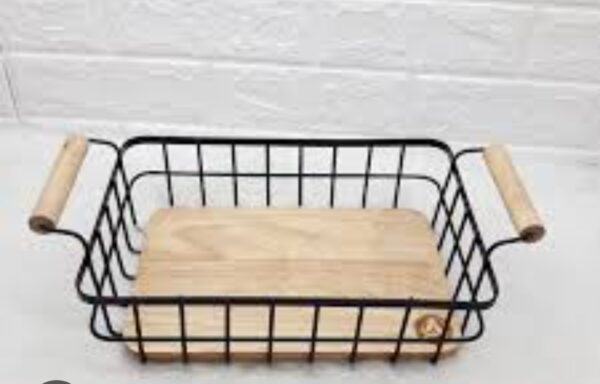 Touchwood Small Rectangular Fruit Basket, Metal, With Wooden Base Design With Handle. - Image 2
