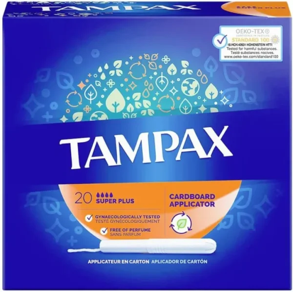 Tampax Cardboard Tampons Super Plus Absorbency, Anti-Slip Grip, Leak guard Skirt, Unscented, 20 Count.