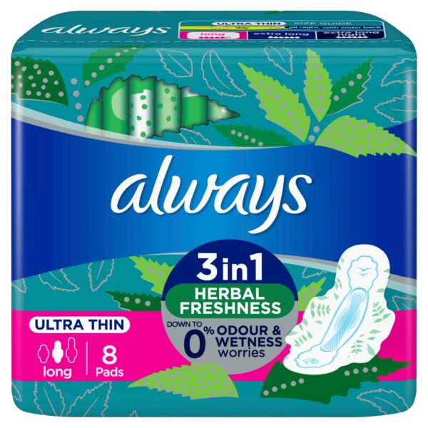 Always Ultra Thin Pads Long, Single Pack of 8 Pads.