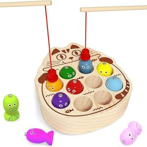 Wooden Magnetic Fishing Game for Toddlers 1-3, Montessori Sensory Busy Board Fine Motor Skills Toys for Kids: