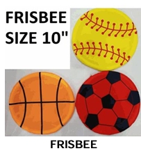 10-inch Frisbees with various sports-themed designs, including a softball, a basketball, and a soccer ball: