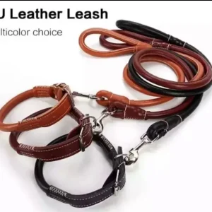 Dog Leather Collar And Leash, Round Dog Collar High Quality Sewing Strong Dog Leather Leash (Large).