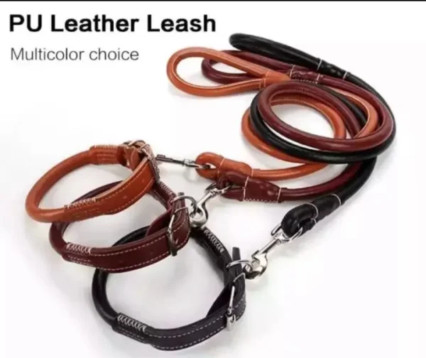 Dog Leather Collar And Leash, Round Dog Collar High Quality Sewing Strong Dog Leather Leash (Small).