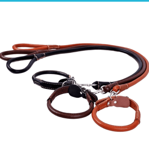 Dog Leather Collar And Leash, Round Dog Collar High Quality Sewing Strong Dog Leather Leash (Medium).
