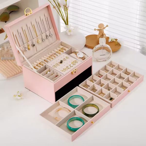 Three-layer Jewelry Storage Box for High-end Exquisite Necklaces, Earrings,Gold Jewelry and Hand Accessories with Large Capacity, Best Gift For Women. - Image 9