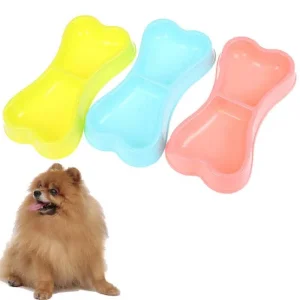 Portable Dog Double Bowl Plastic Bone Shape, Pet Feeding Bowl (Medium).