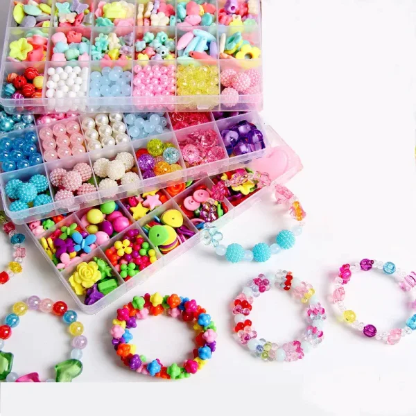 Colorful plastic beads stringing set with strings in a box 308-C - Image 3