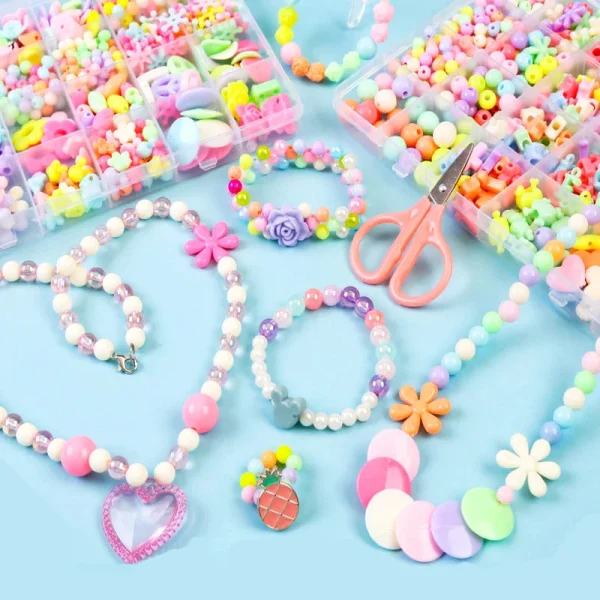 Colorful plastic beads stringing set with strings in a box 308-C - Image 4