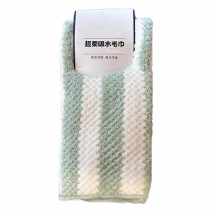Miniso Striped Coral Fleece Towel, Color: Green.