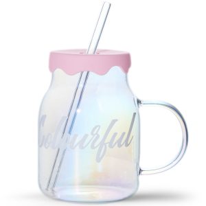 Miniso Holographic Series Glass Cup with Lid and Straw, Capacity: 520mL.
