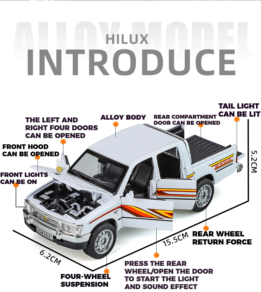 1:32 Toyota Hilux Off Road Pickup Truck Alloy Metal Diecast - Image 4