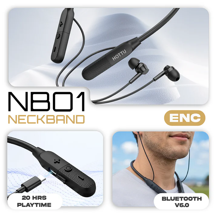 HOTTU NB01 Wireless Neckband – 20 Hours Playtime, Deep Bass & ENC - Image 2