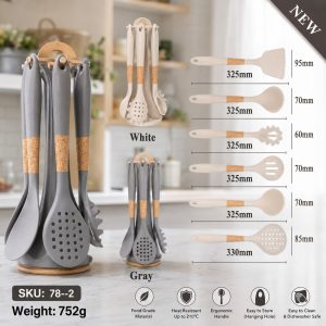 Cooking Utensil Set Featuring Silicone Heads And Handles With Cork-Style Accents: