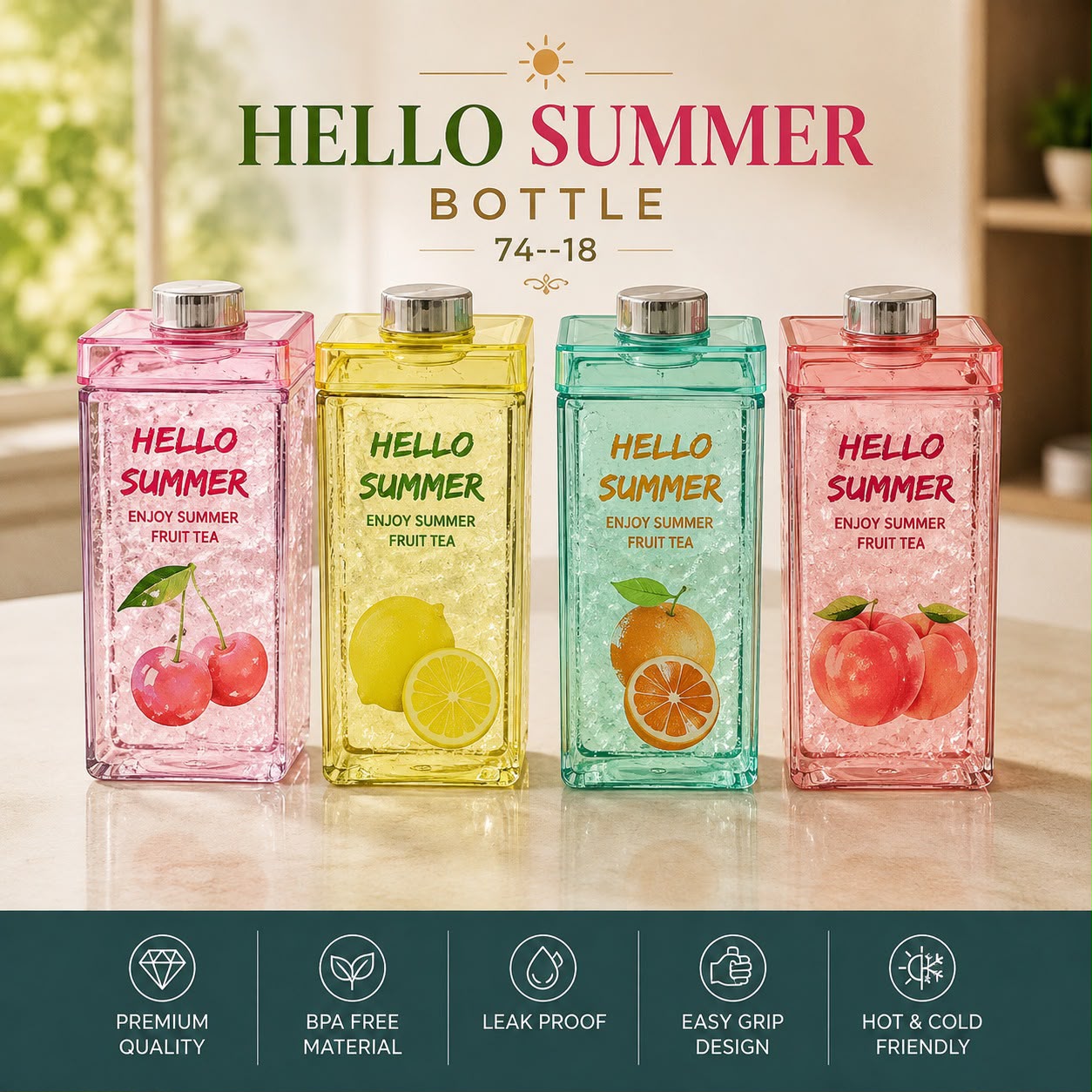 Hello Summer Water Bottle, Double Straw Cold Drink Cup For Kids(Limited Stock)