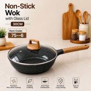 30cm Granite Non-Stick Wok Pan with a Tempered Glass Lid