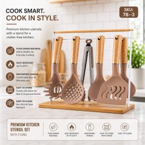 Premium Pastel-Pink Silicone And Wood-Handle Kitchen Utensil Set With A Hanging Rack And Base Stand:
