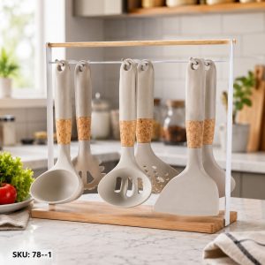 Grey Silicone Kitchen Utensil Set With Natural Wooden Handles:78-1