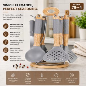 Grey Silicone Kitchen Utensil Set With Natural Wooden Handles