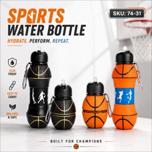 Clip On Collapsible Basketball-Themed Silicone Sports Water Bottle
